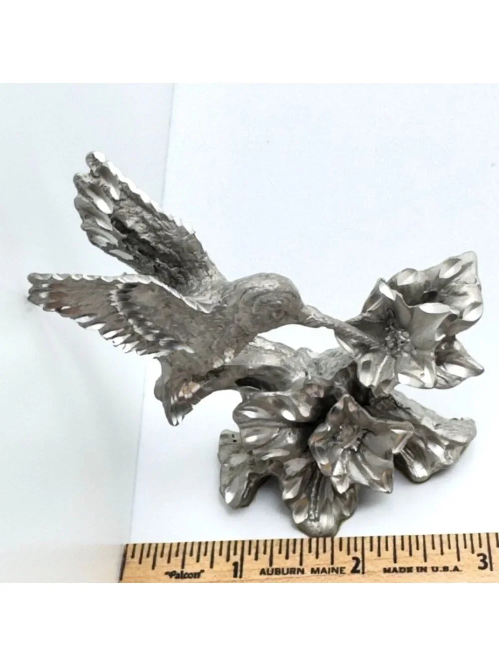 Pewter Hummingbird & Hibiscus Vtg Figurine Separate Agate Base 3.5